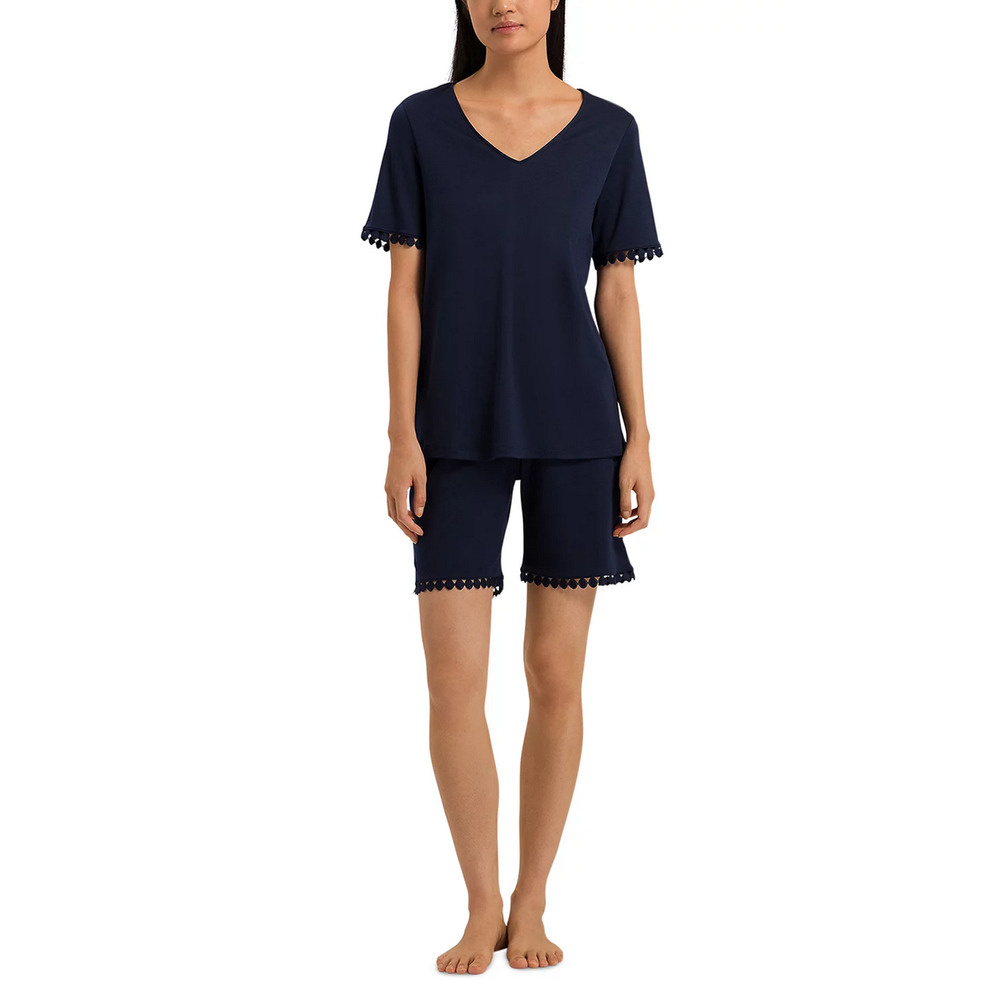 Hanro Women Rosa Embroidered Trim Short Pajama Set Deep Navy Size L - Picture 4 of 4